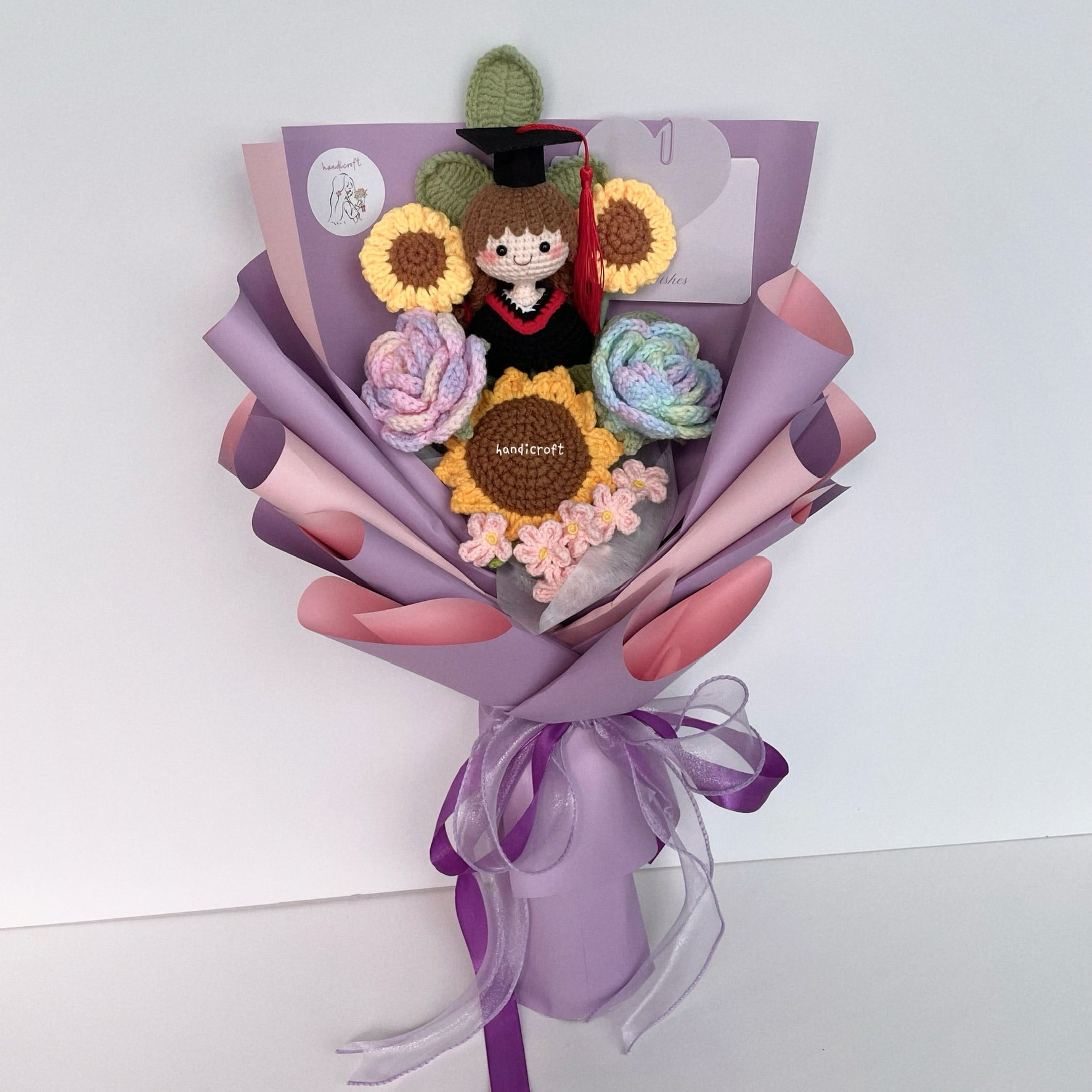 handicroft singapore handmade crochet sweet sunshine graduation flower bouquet pastel pink and purple theme