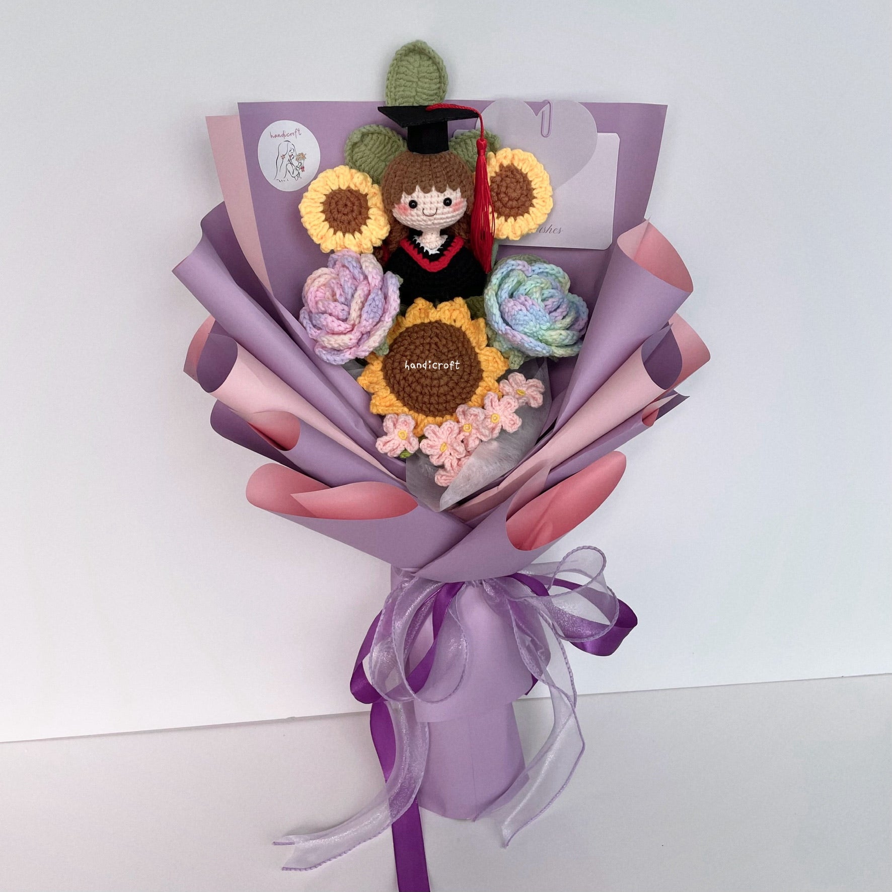 handicroft singapore handmade crochet sweet sunshine graduation flower bouquet pastel pink and purple theme