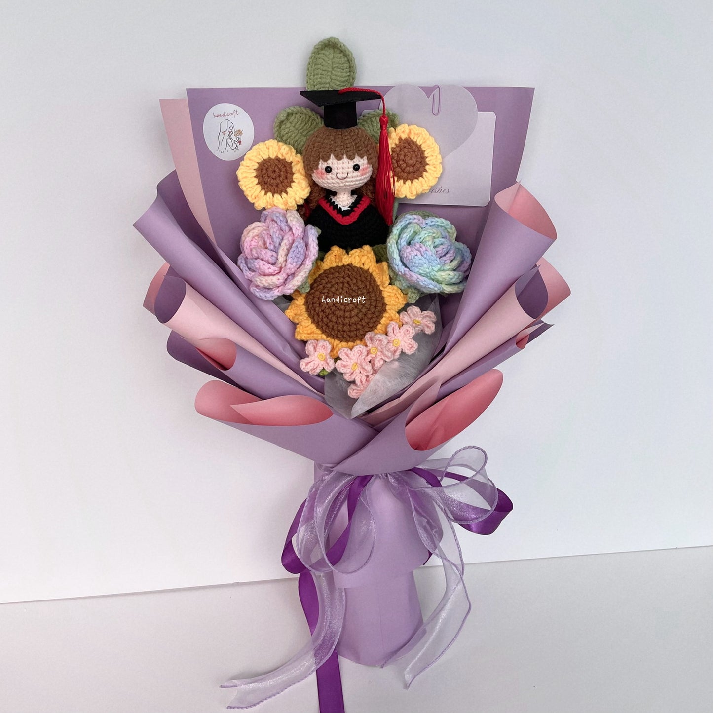 handicroft singapore handmade crochet sweet sunshine graduation flower bouquet pastel pink and purple theme