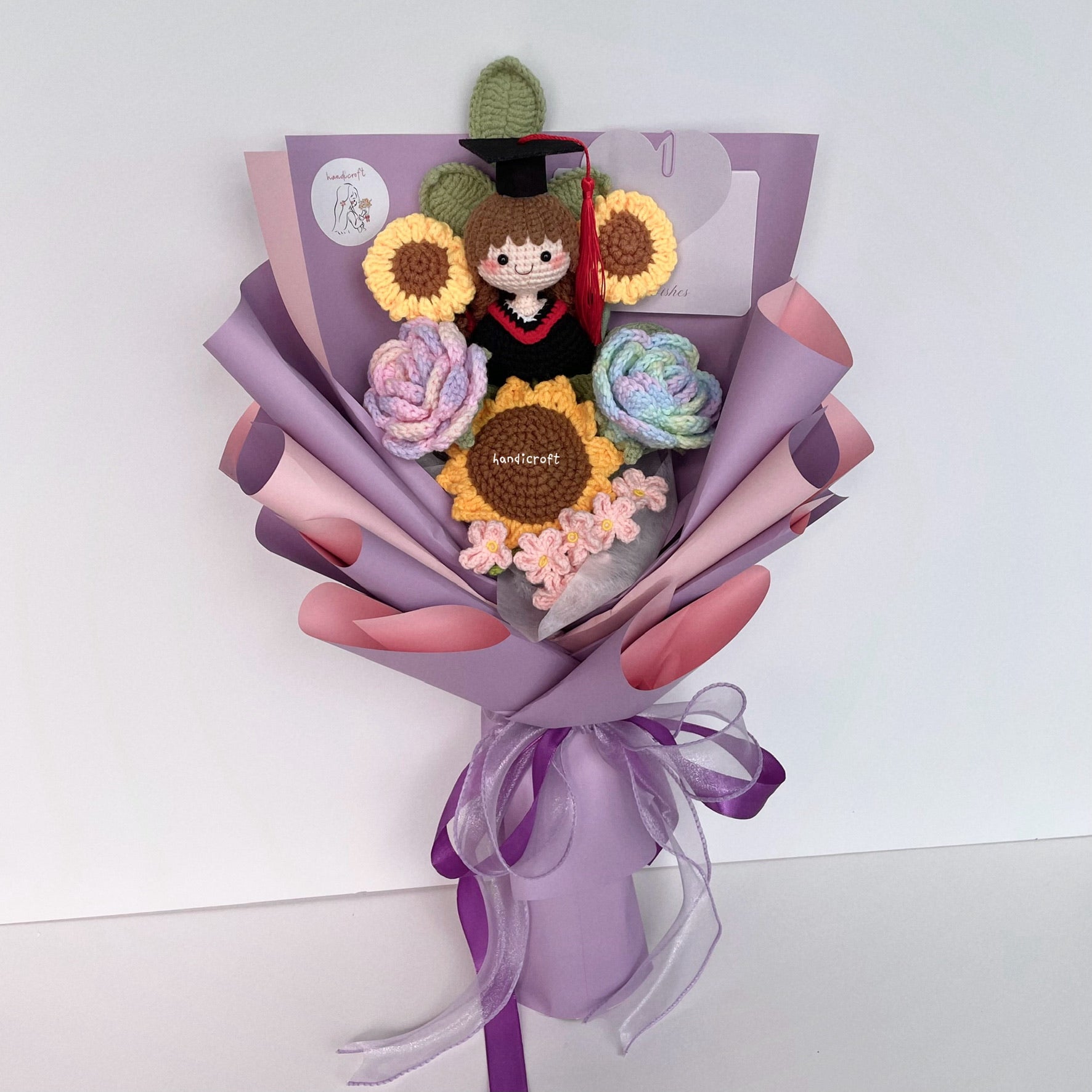 handicroft singapore handmade crochet sweet sunshine graduation flower bouquet pastel pink and purple theme