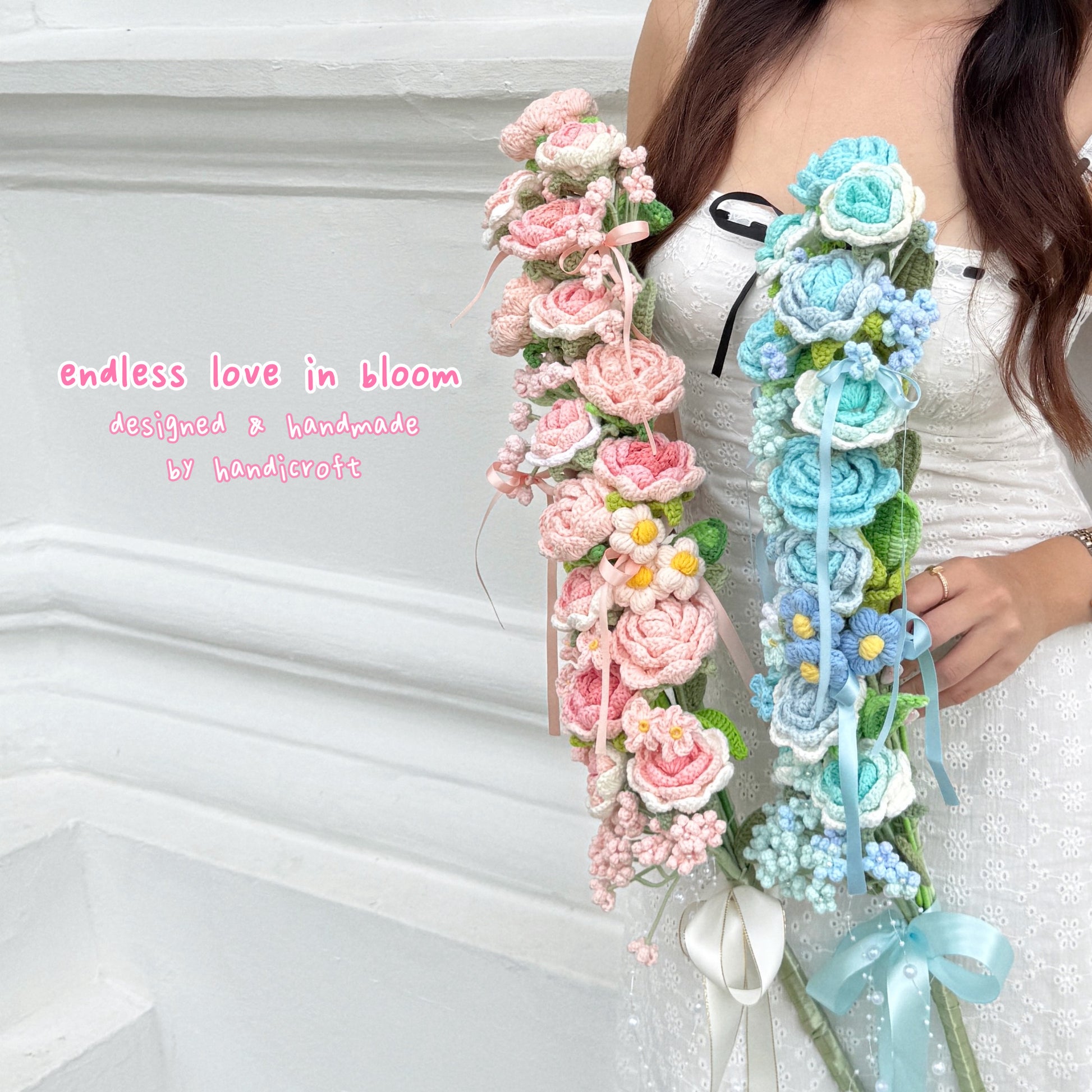 handicroft singapore handmade crochet tall flower bouquet endless love in bloom pink & blue