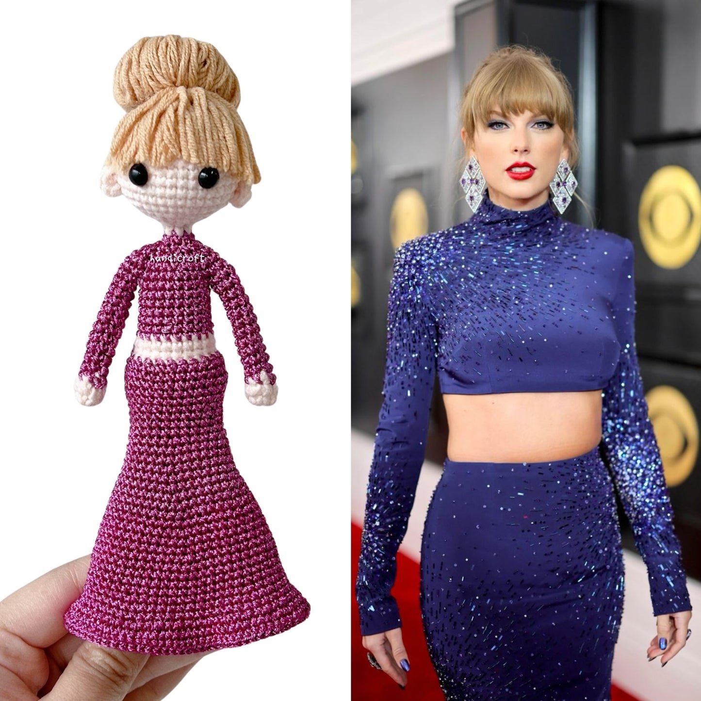 handicroft singapore handmade crochet taylor swift doll amigurumi figurine red carpet look blue purple dress