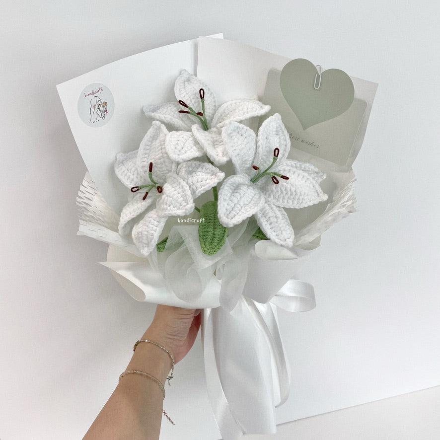 handicroft singapore handmade crochet white lily flower bouquet glow of lilies