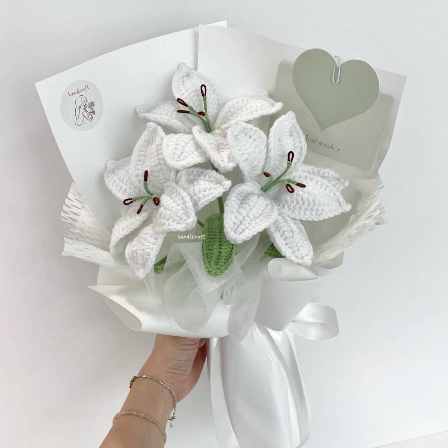 handicroft singapore handmade crochet white lily flower bouquet glow of lilies