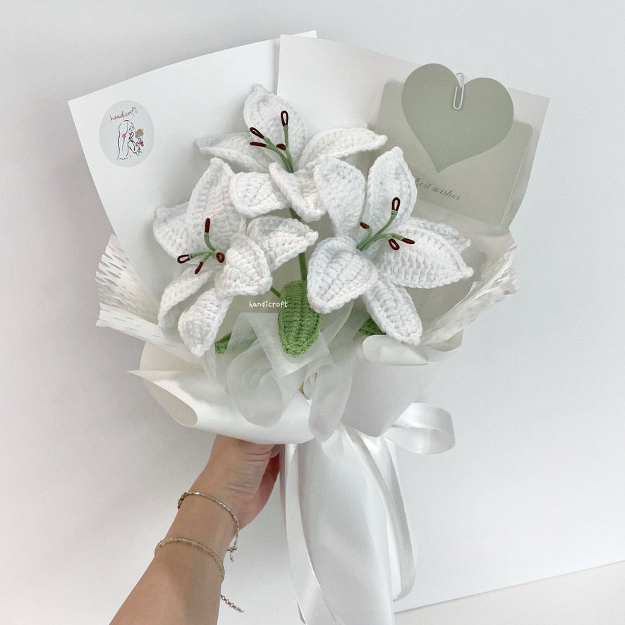 handicroft singapore handmade crochet white lily flower bouquet glow of lilies