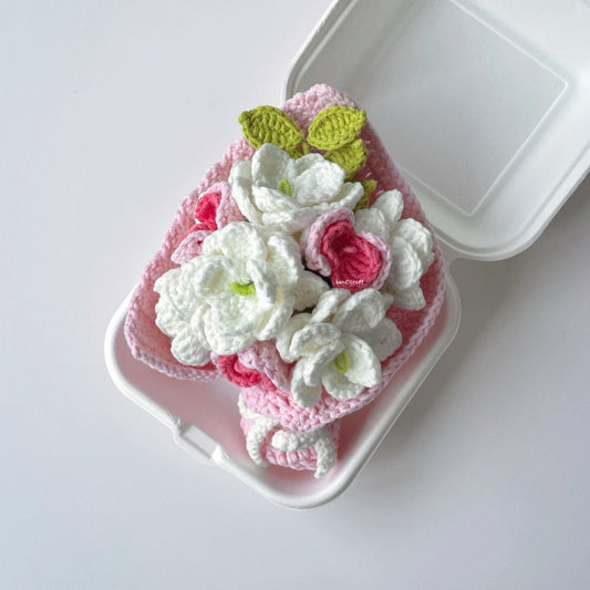 handicroft singapore handmade crochet white pink jasmine flower bouquet bento box