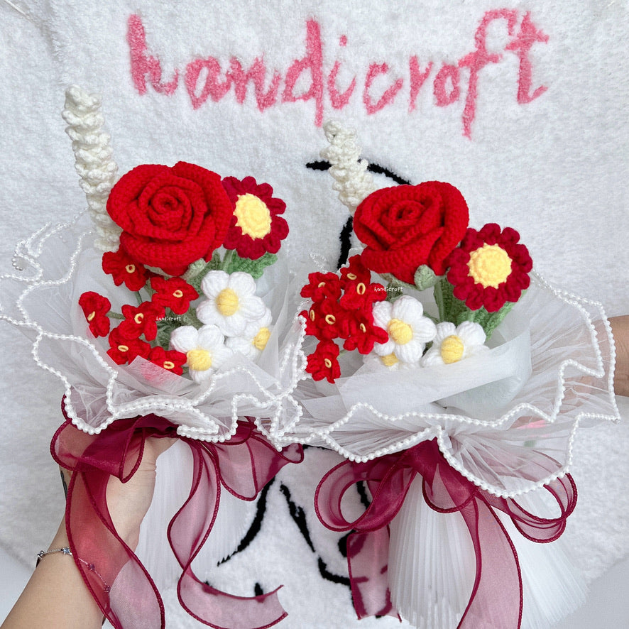 handicroft singapore handmade red & white handmade crochet flower bouquet rose cherry red