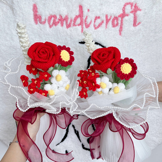 handicroft singapore handmade red & white handmade crochet flower bouquet rose cherry red