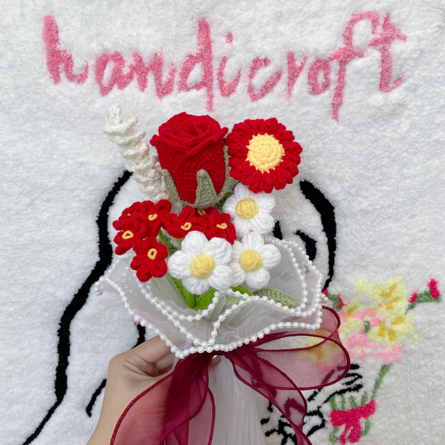 handicroft singapore handmade red & white handmade crochet flower bouquet rose cherry red