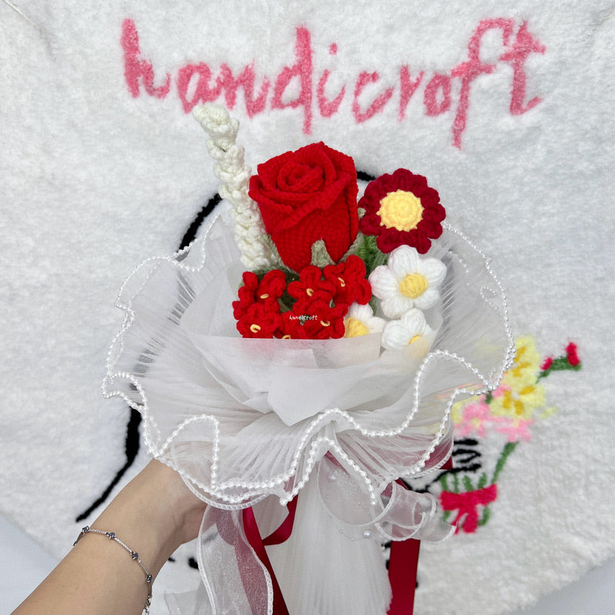 handicroft singapore handmade red & white handmade crochet flower bouquet rose cherry red