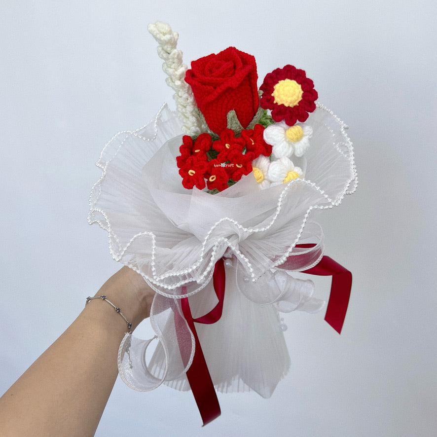 handicroft singapore handmade red & white handmade crochet flower bouquet rose cherry red