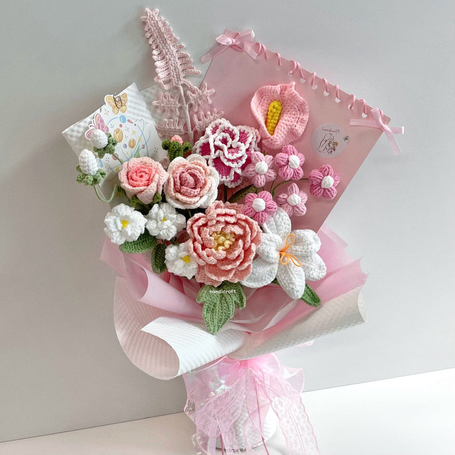 handicroft special handmade crochet flower bouquet a letter to you pink