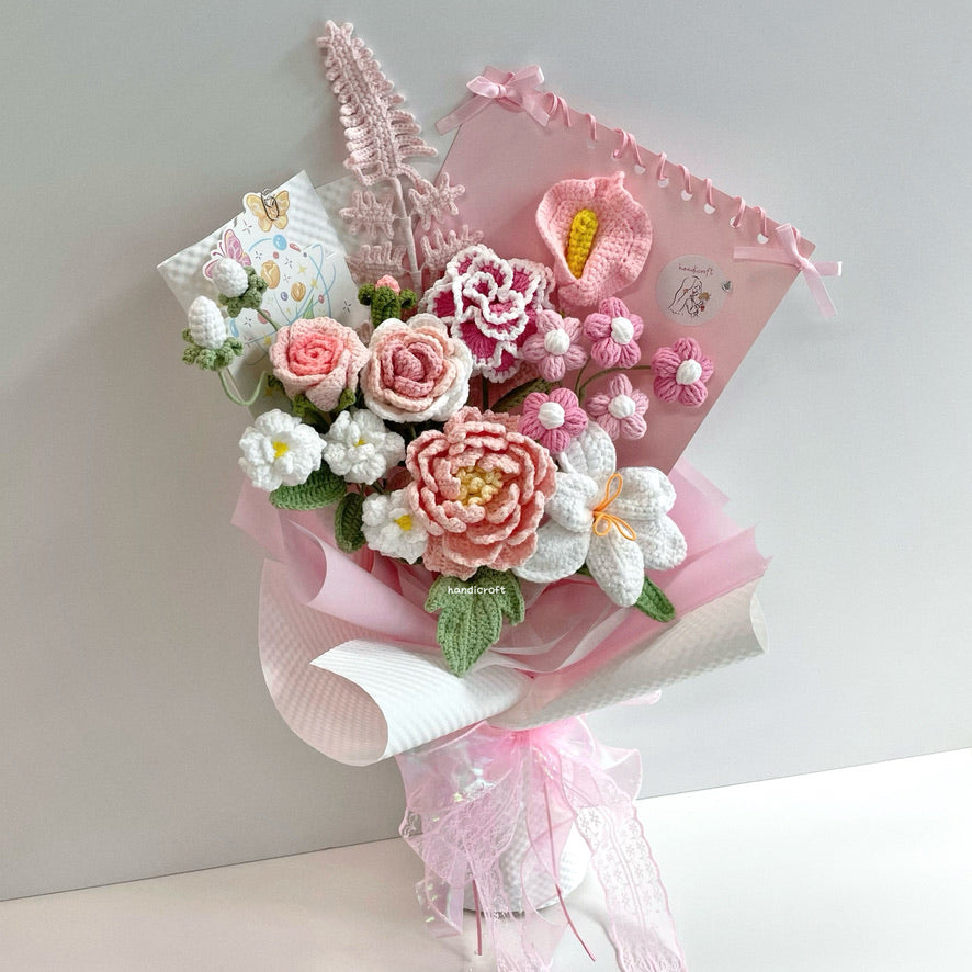 handicroft special handmade crochet flower bouquet a letter to you pink