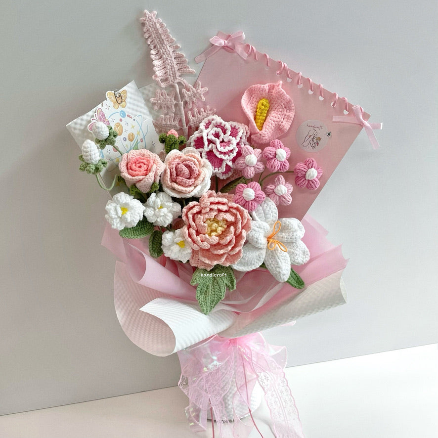 handicroft special handmade crochet flower bouquet a letter to you pink