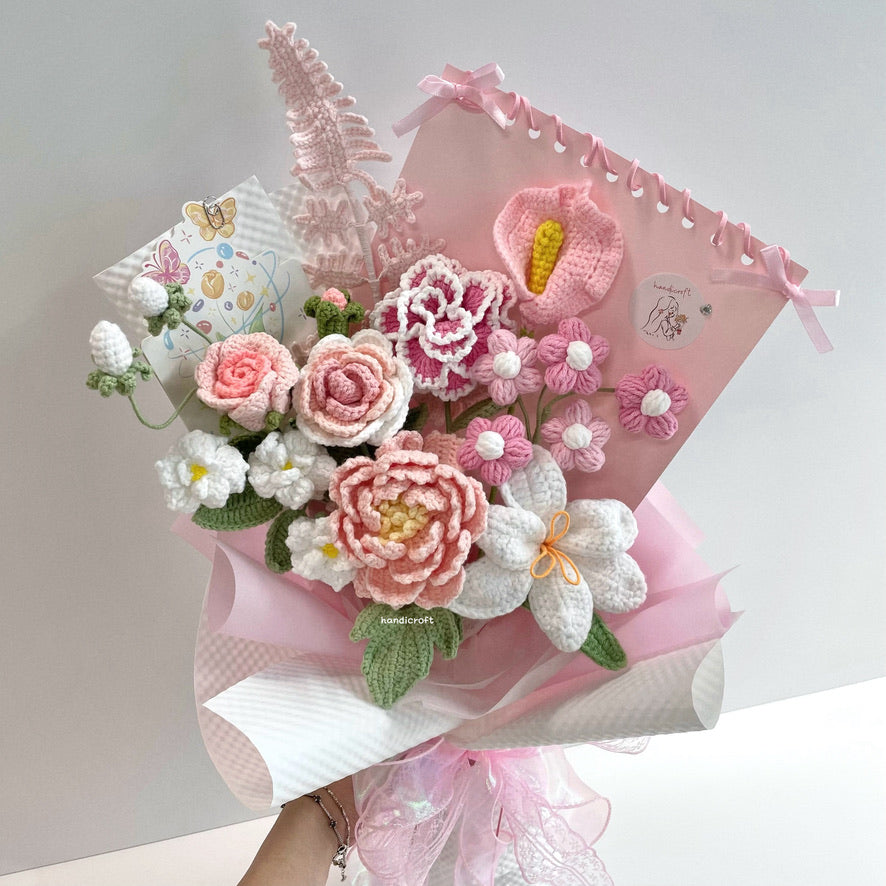 handicroft special handmade crochet flower bouquet a letter to you pink