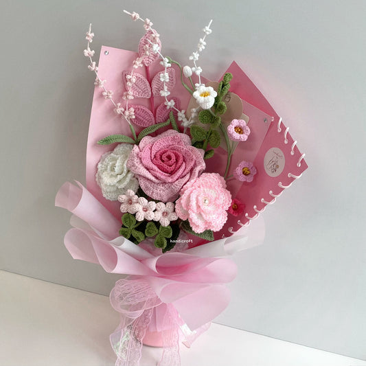 handicroft special handmade crochet flower bouquet petals & pages pink