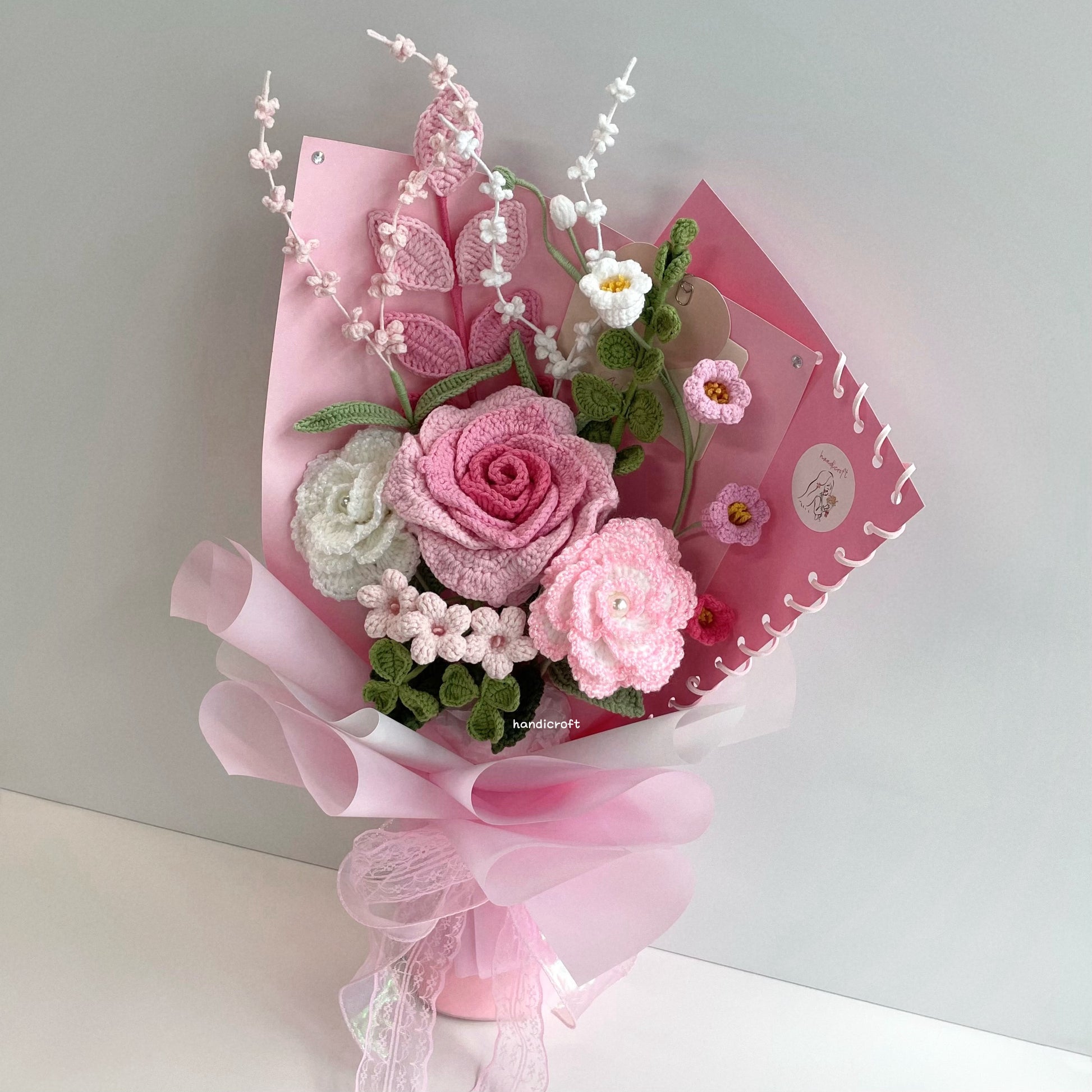handicroft special handmade crochet flower bouquet petals & pages pink