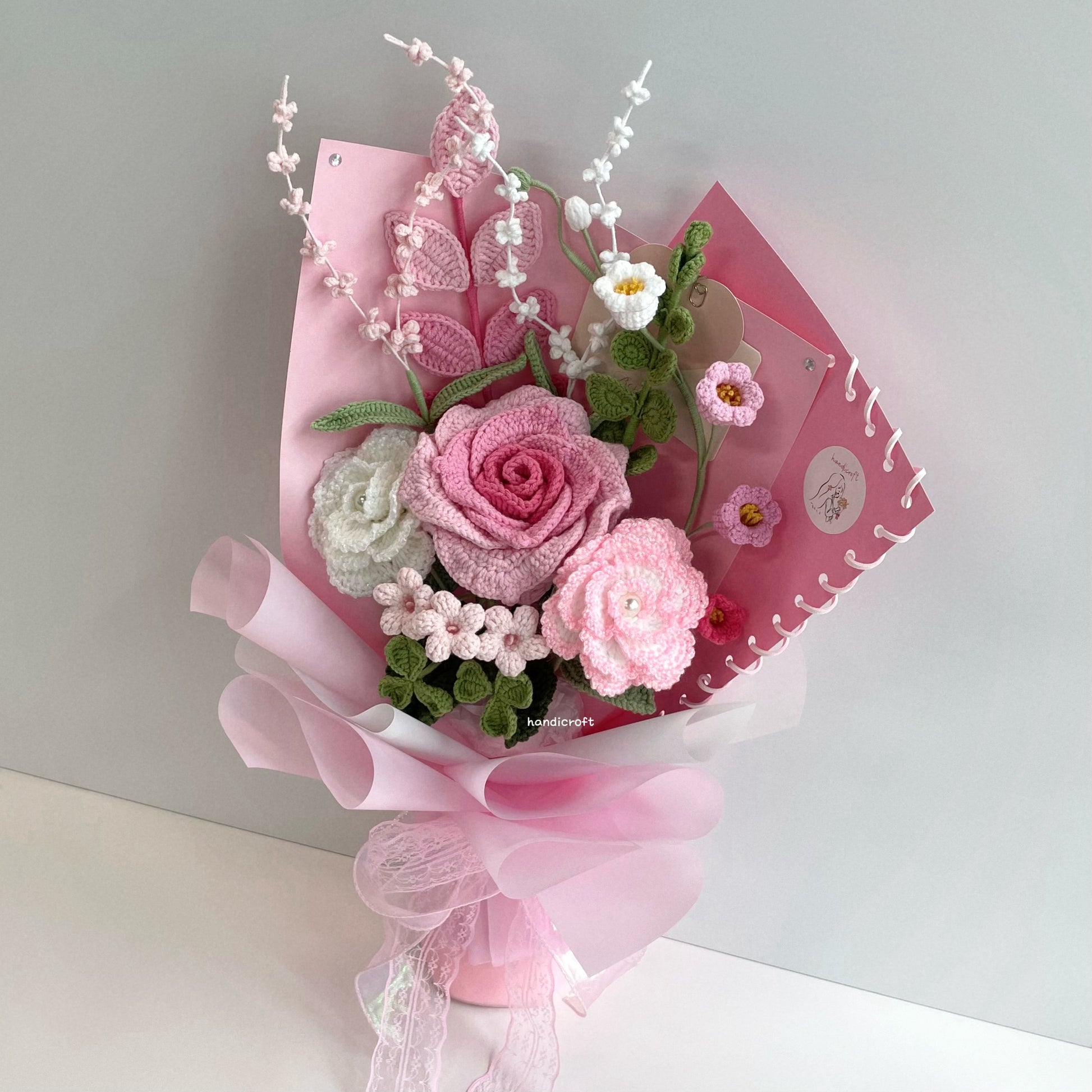 handicroft special handmade crochet flower bouquet petals & pages pink