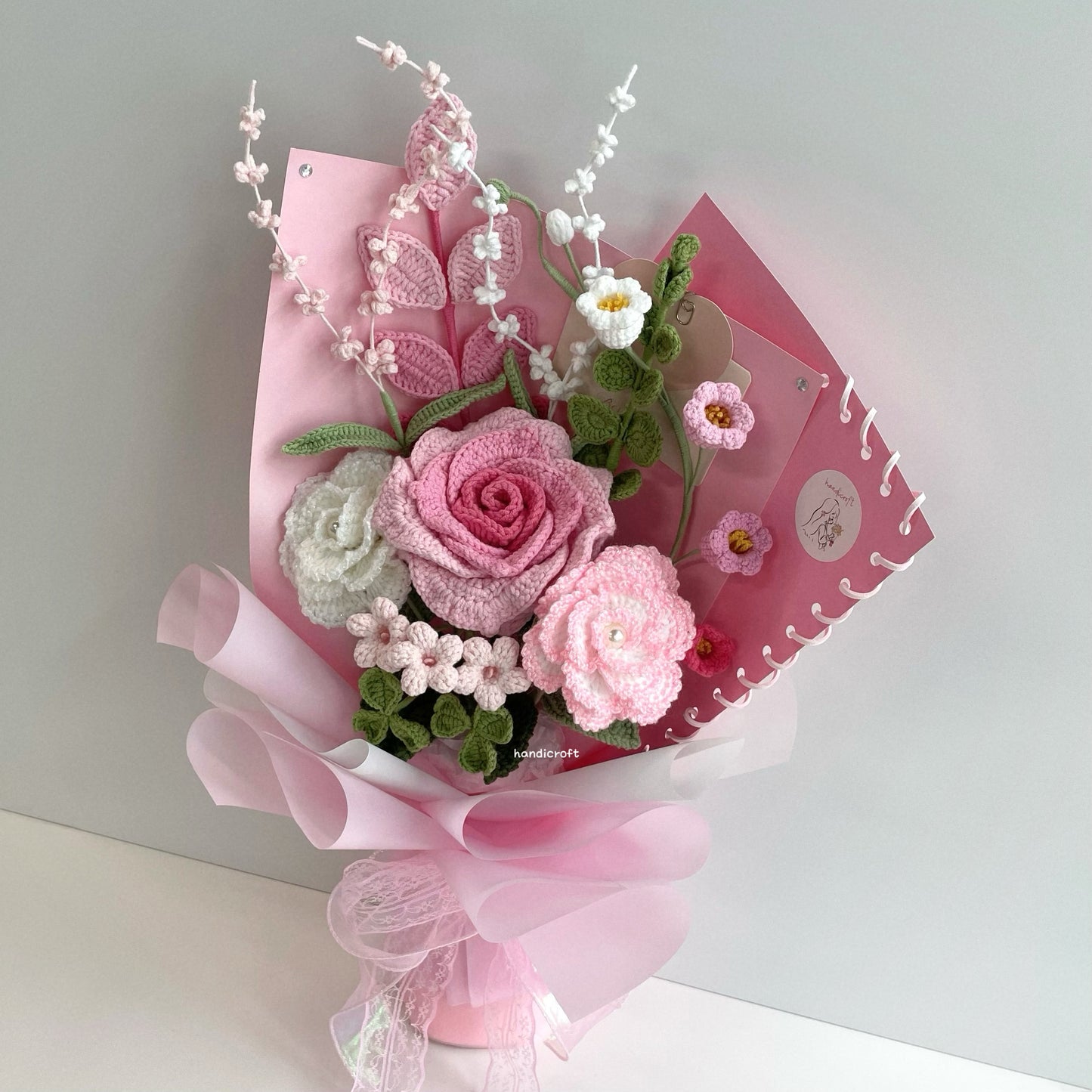 handicroft special handmade crochet flower bouquet petals & pages pink