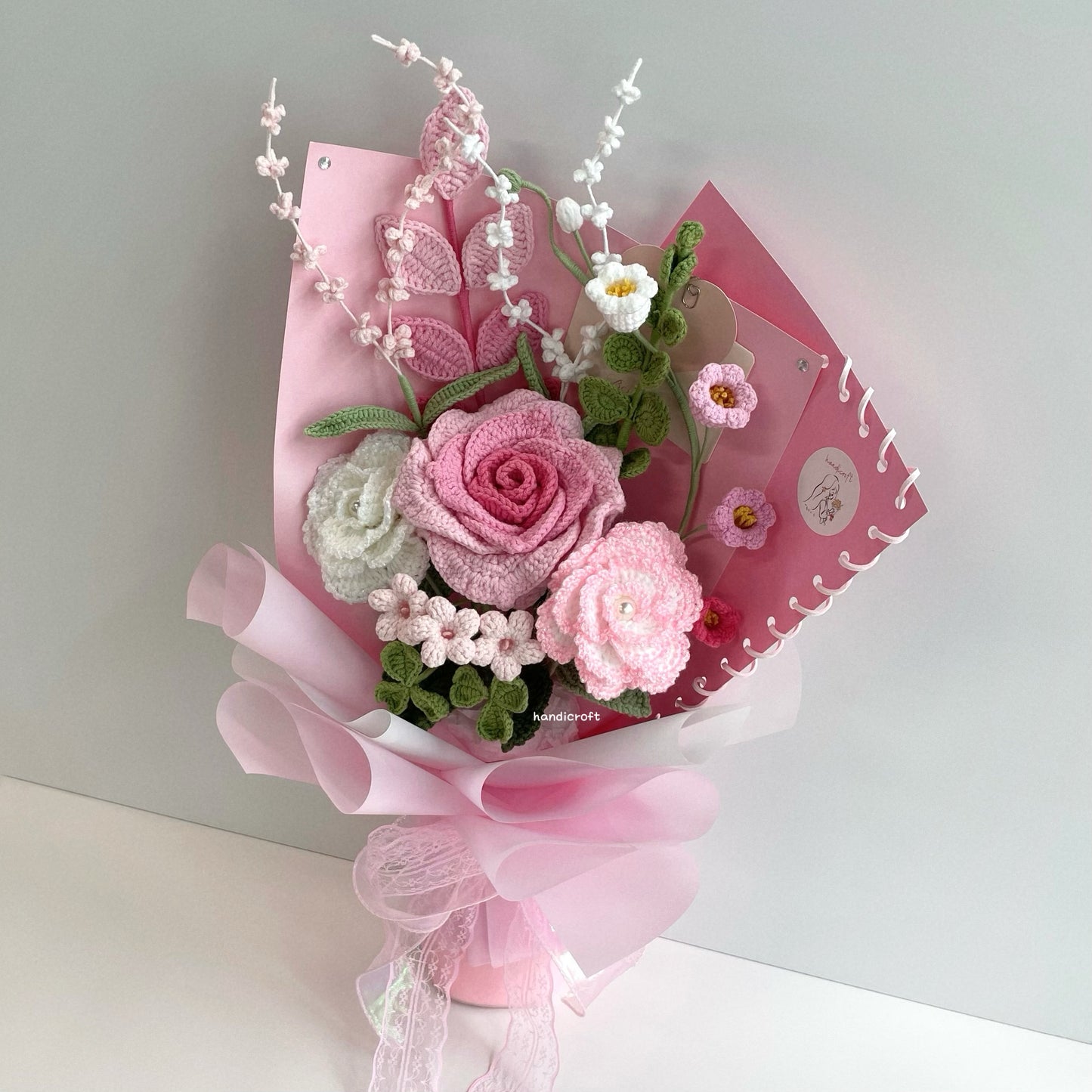 handicroft special handmade crochet flower bouquet petals & pages pink