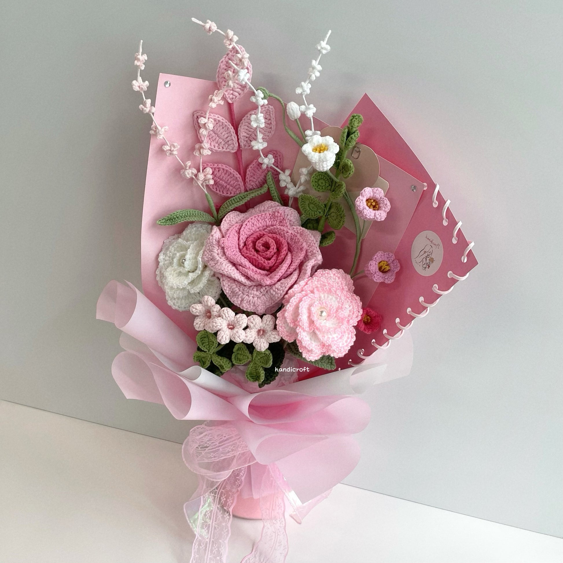 handicroft special handmade crochet flower bouquet petals & pages pink