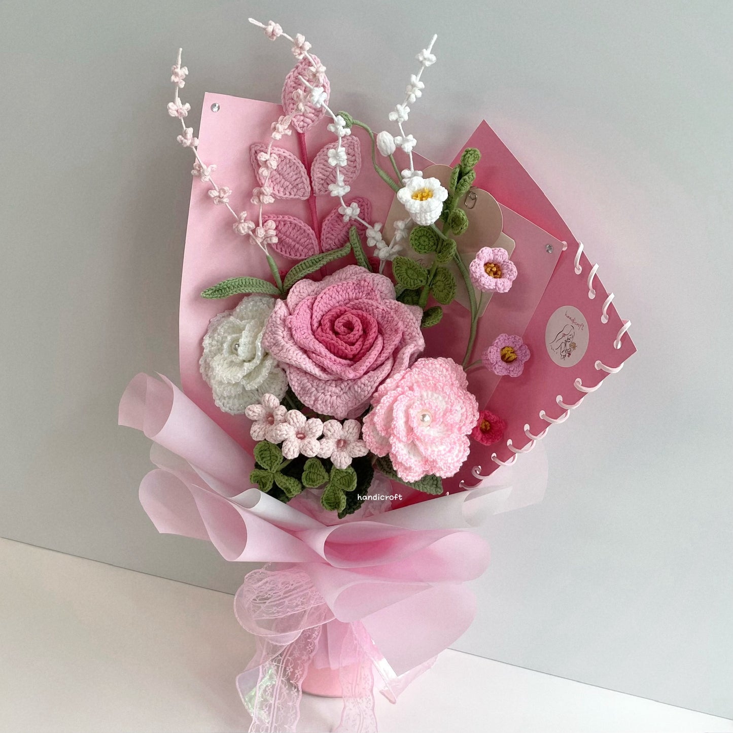 handicroft special handmade crochet flower bouquet petals & pages pink