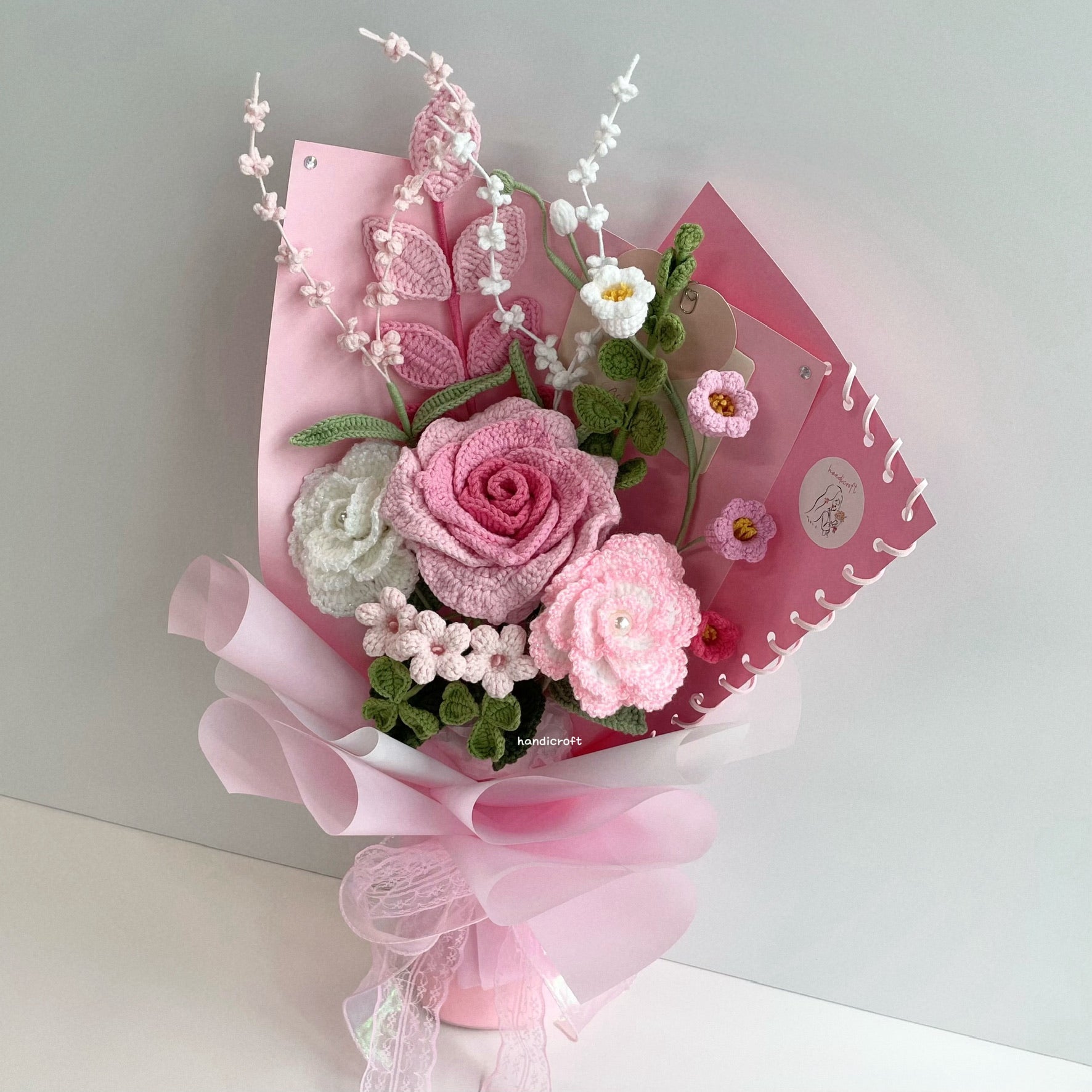 handicroft special handmade crochet flower bouquet petals & pages pink