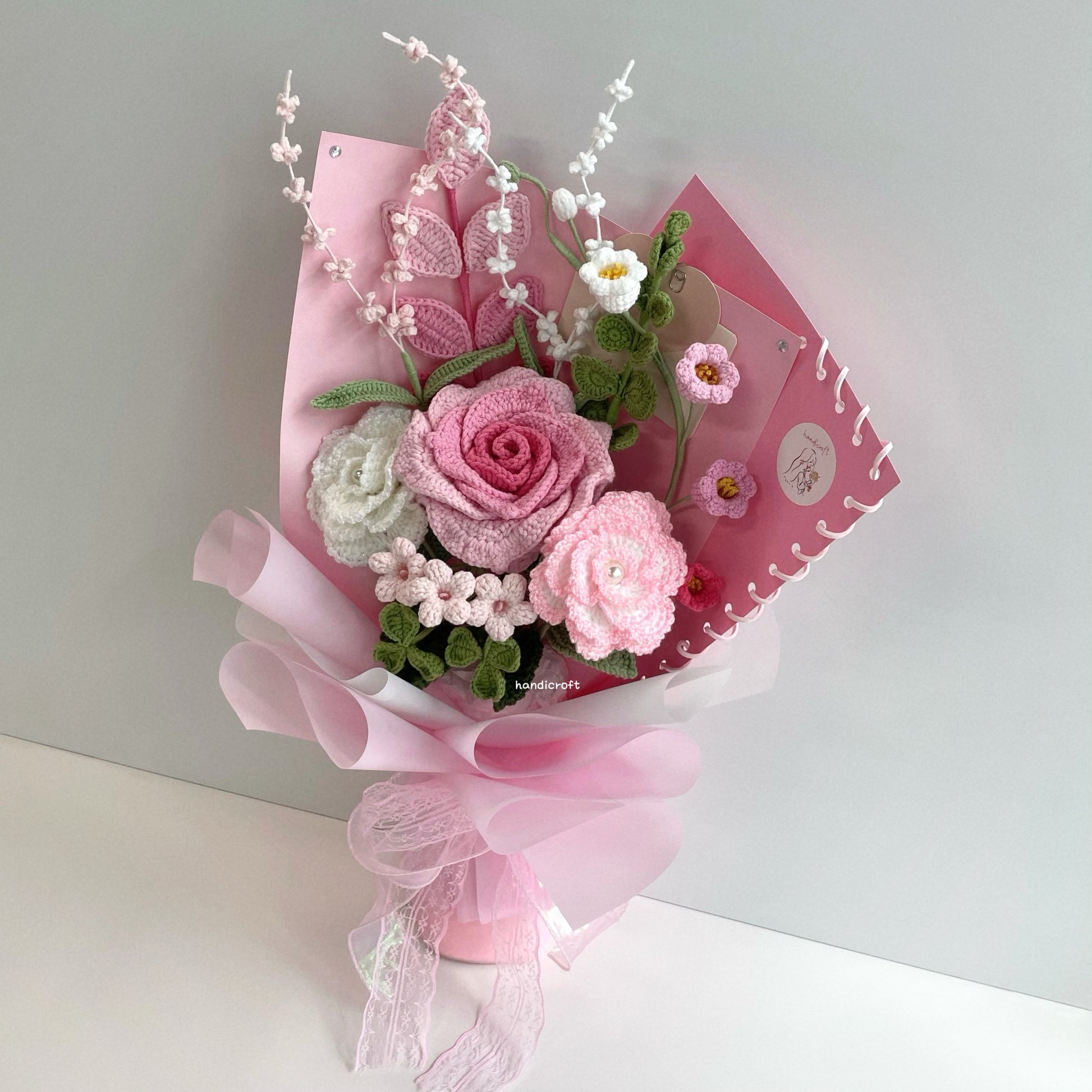 handicroft special handmade crochet flower bouquet petals & pages pink