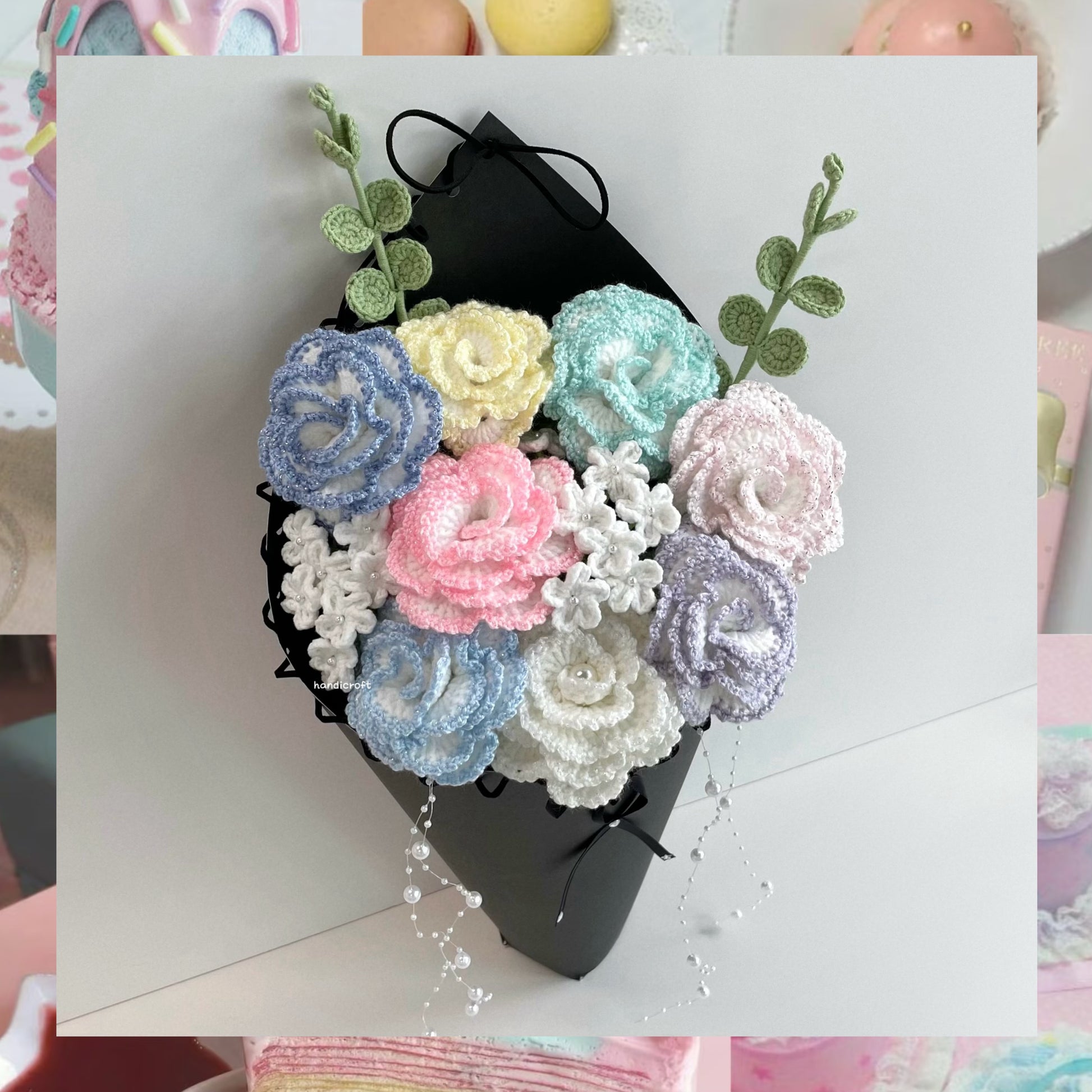 handicroft special handmade crochet glitter shiny bloomelle flower cone bouquet pastel stardust cone