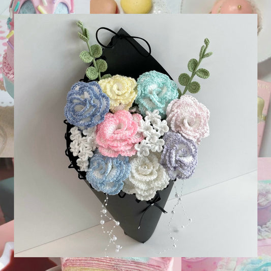 handicroft special handmade crochet glitter shiny bloomelle flower cone bouquet pastel stardust cone