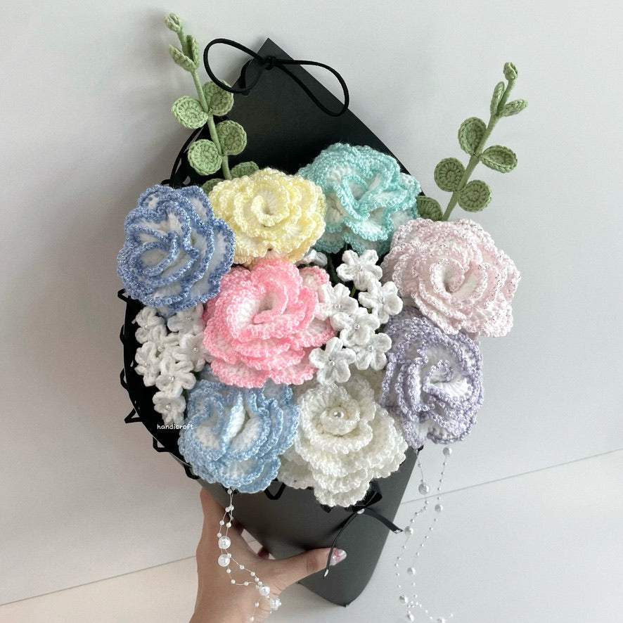 handicroft special handmade crochet glitter shiny bloomelle flower cone bouquet pastel stardust cone