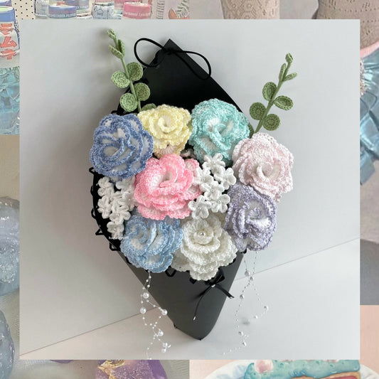 handicroft special handmade crochet glitter shiny bloomelle flower cone bouquet pastel stardust cone