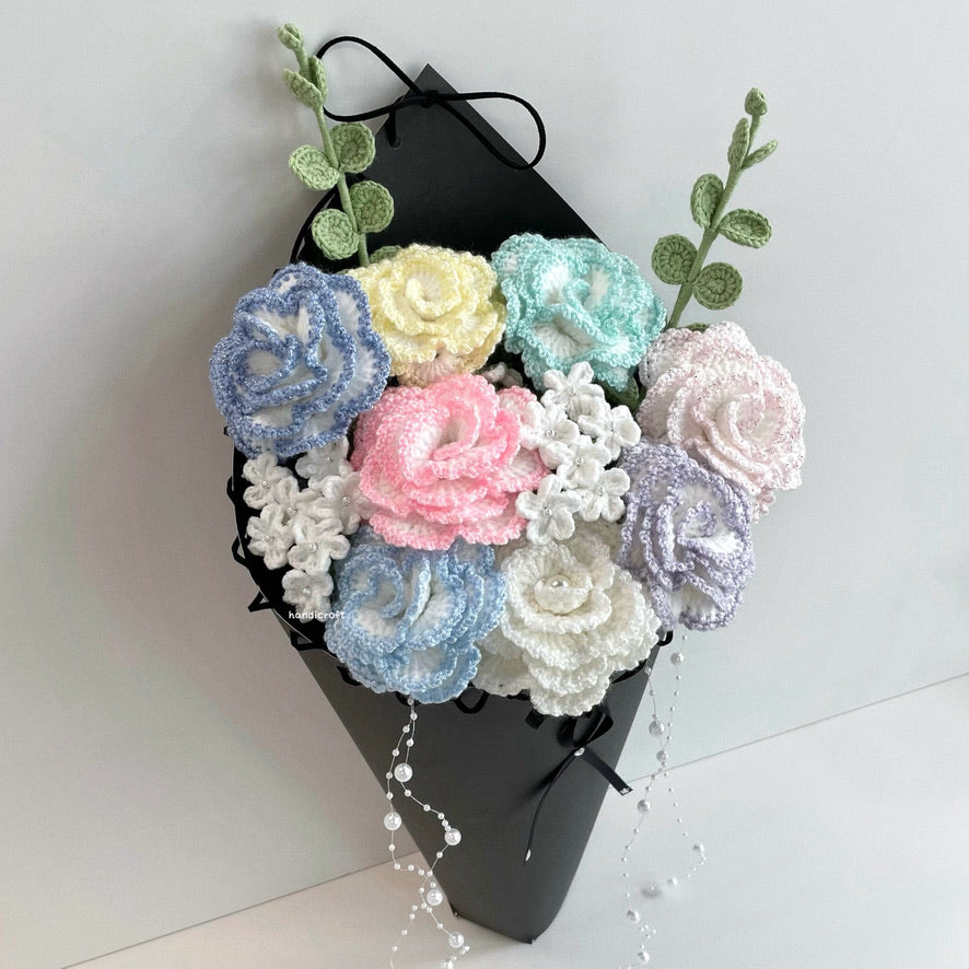handicroft special handmade crochet glitter shiny bloomelle flower cone bouquet pastel stardust cone