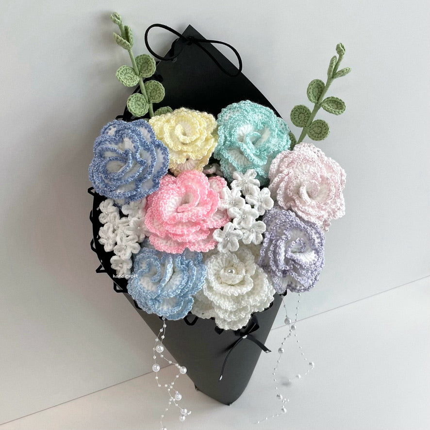handicroft special handmade crochet glitter shiny bloomelle flower cone bouquet pastel stardust cone