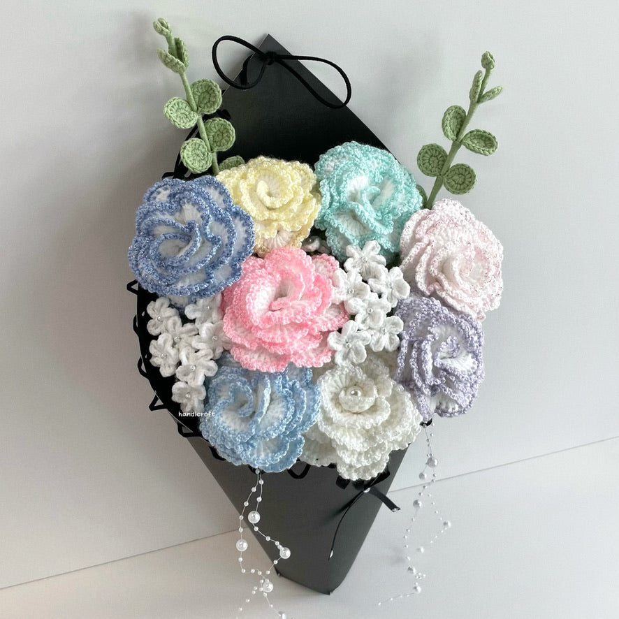 handicroft special handmade crochet glitter shiny bloomelle flower cone bouquet pastel stardust cone