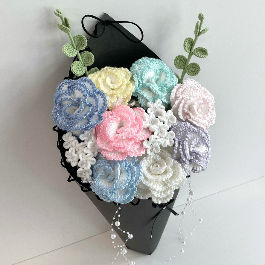 handicroft special handmade crochet glitter shiny bloomelle flower cone bouquet pastel stardust cone