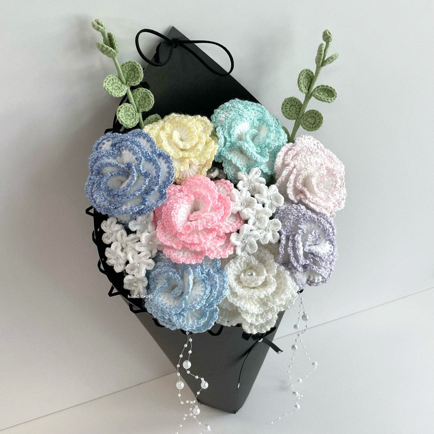 handicroft special handmade crochet glitter shiny bloomelle flower cone bouquet pastel stardust cone
