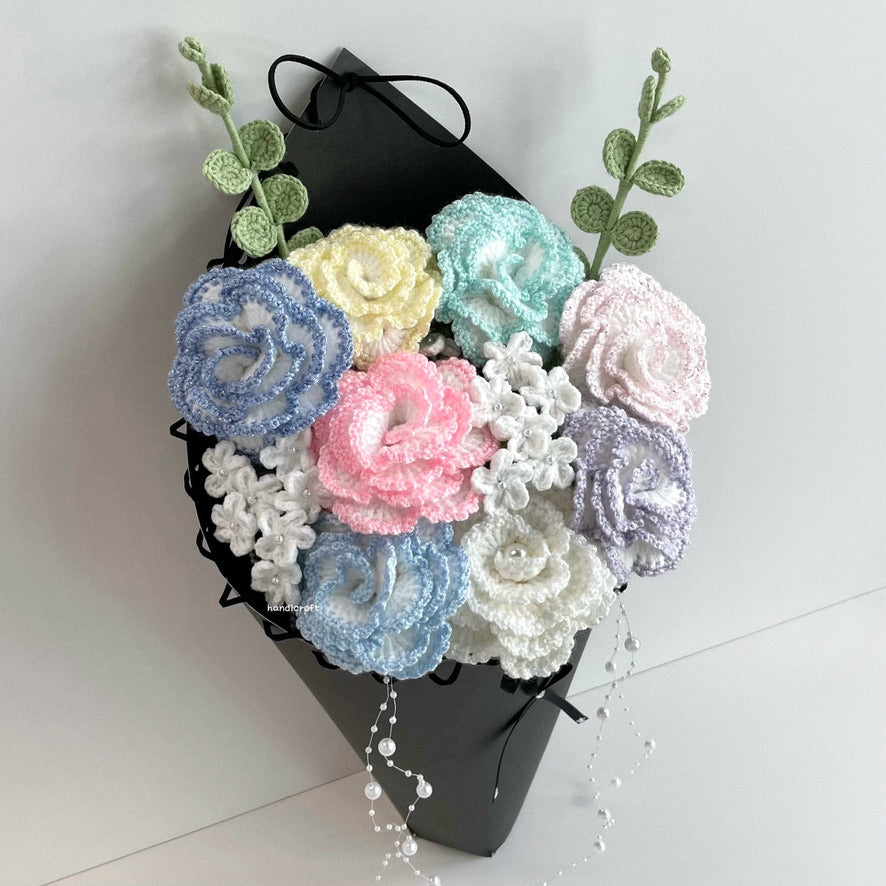 handicroft special handmade crochet glitter shiny bloomelle flower cone bouquet pastel stardust cone