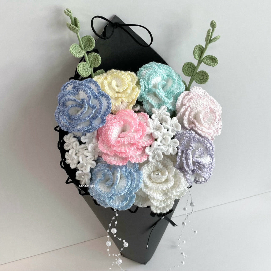 handicroft special handmade crochet glitter shiny bloomelle flower cone bouquet pastel stardust cone