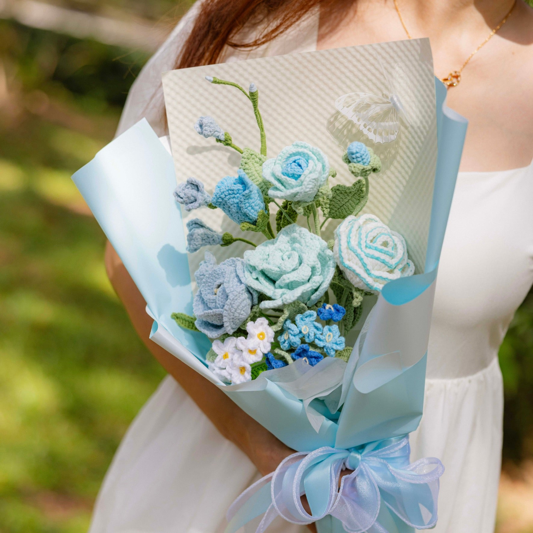 handicroft special roses crochet flower bouquet i love u & me in blue
