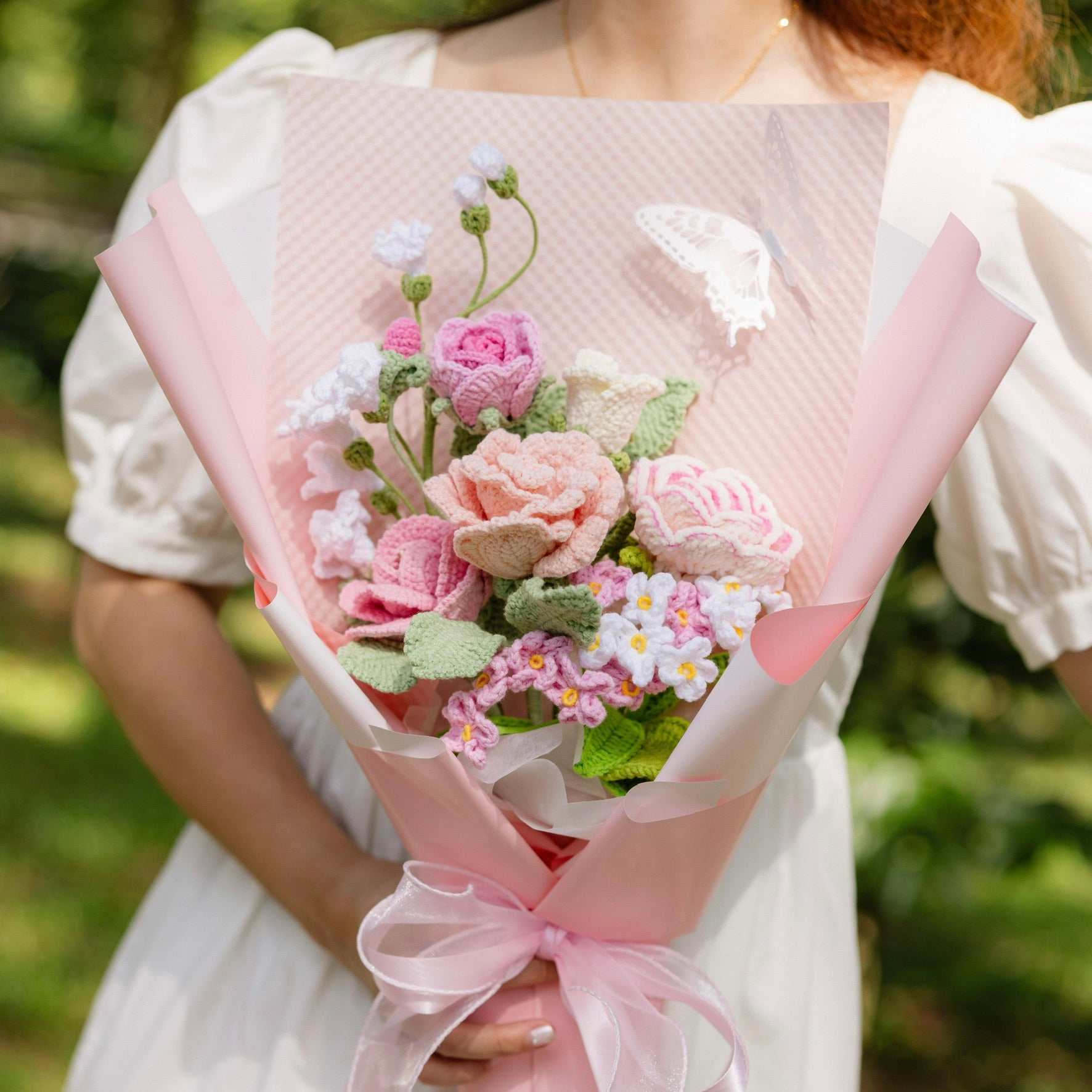 handicroft special roses crochet flower bouquet i love u & me in pink