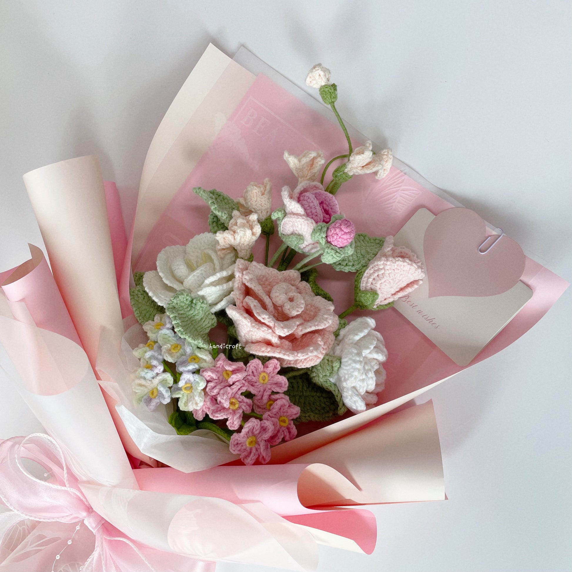 handicroft special roses crochet flower bouquet i love u & me in pink