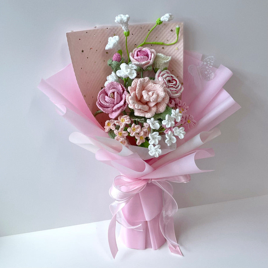 handicroft special roses crochet flower bouquet i love u & me in pink