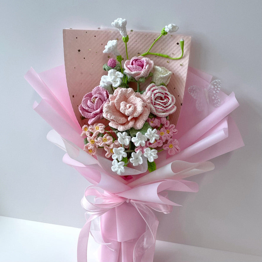 handicroft special roses crochet flower bouquet i love u & me in pink