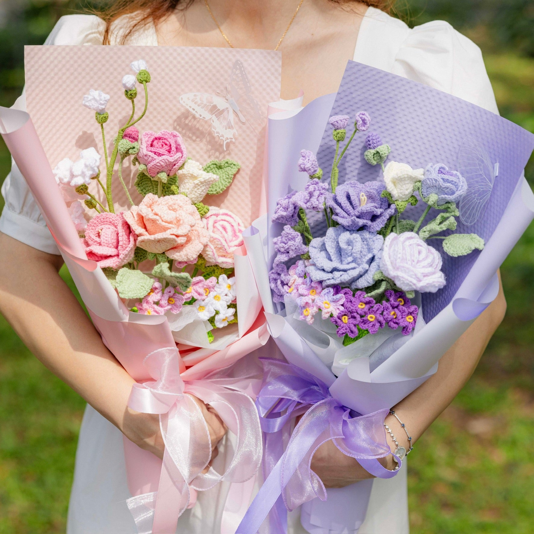handicroft special roses crochet flower bouquet i love u & me in pink and purple