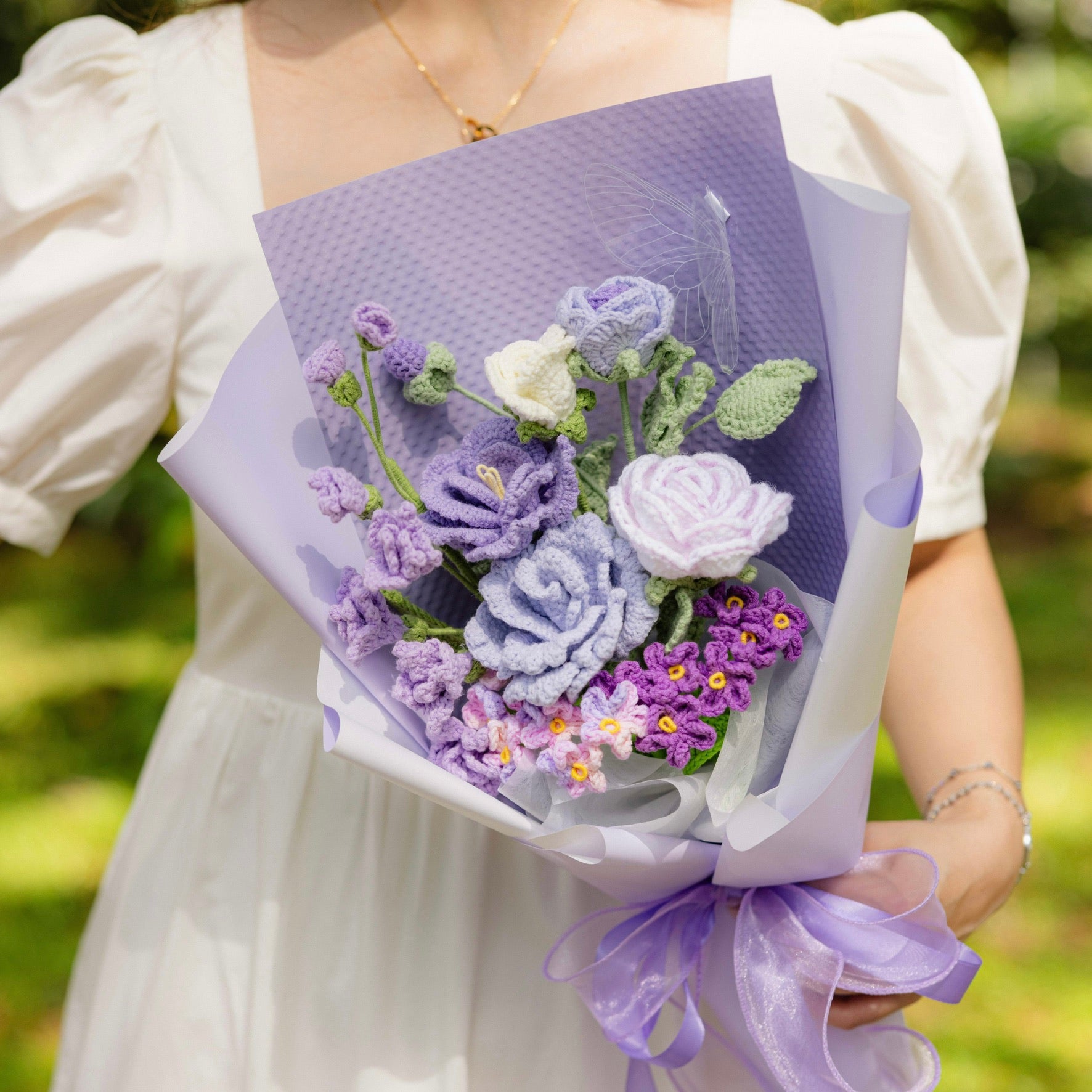 handicroft special roses crochet flower bouquet i love u & me in purple