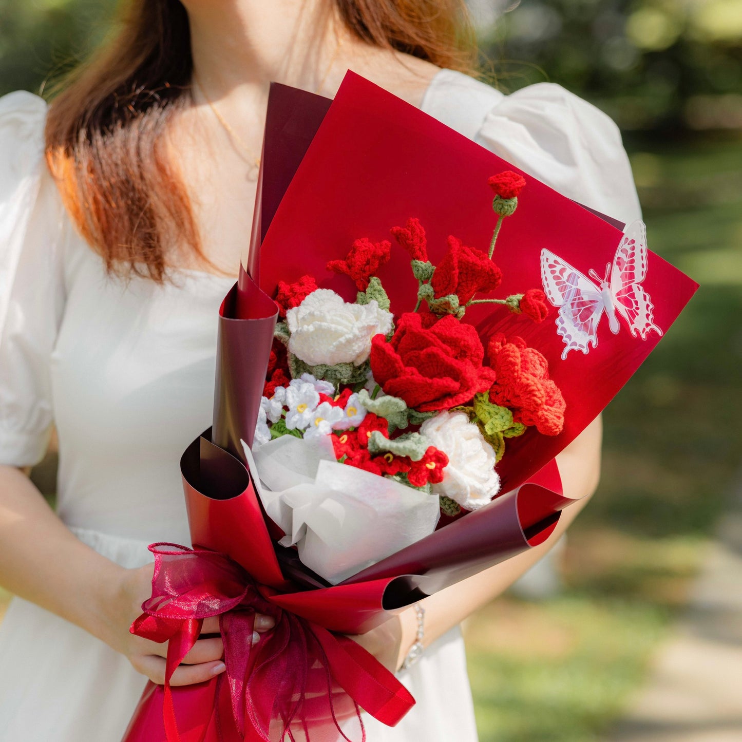 handicroft special roses crochet flower bouquet i love u & me in red