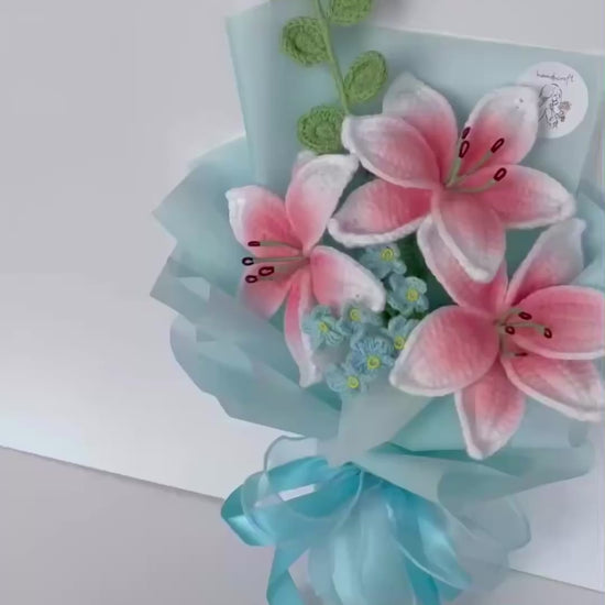 handicroft handmade crochet blush pink lily flower bouquet lily love poem in blue video