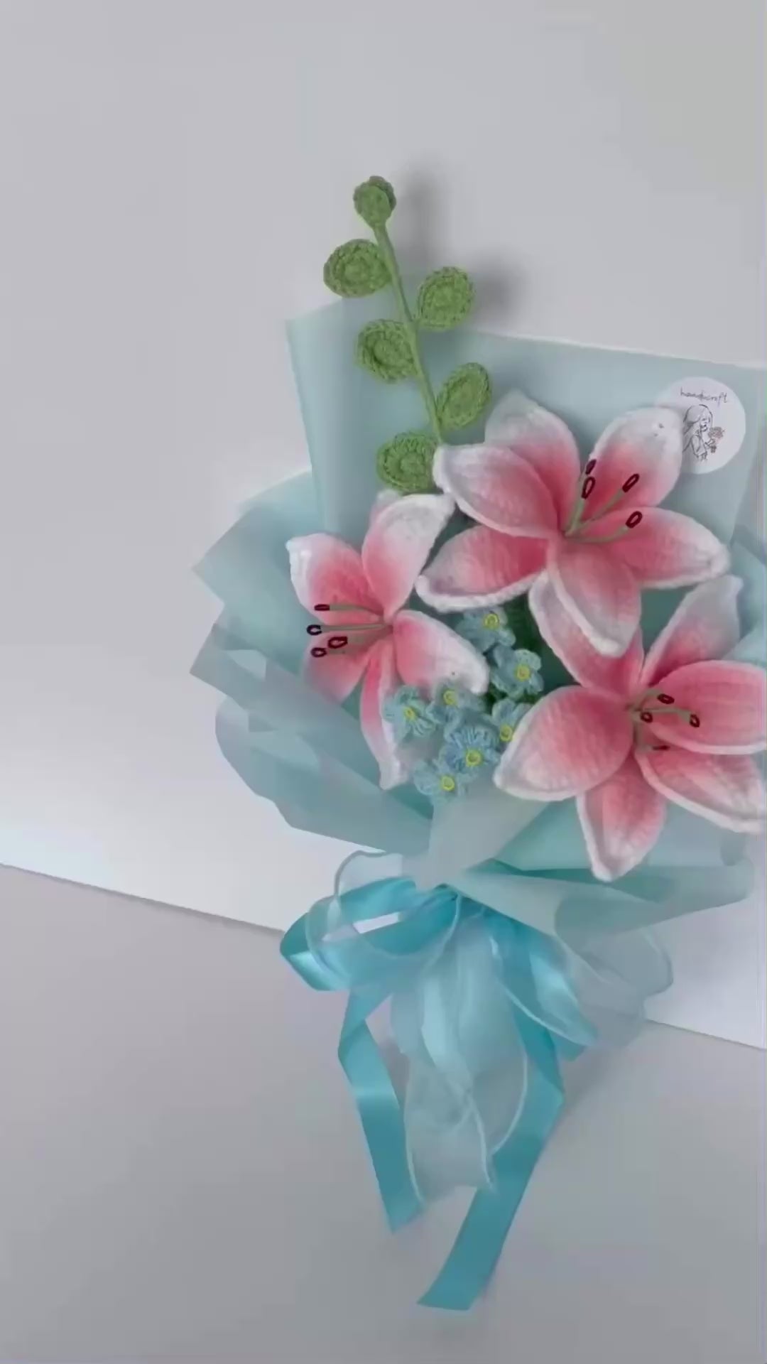 handicroft handmade crochet blush pink lily flower bouquet lily love poem in blue video