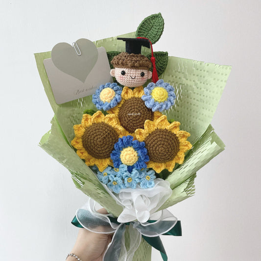 singapore crochet graduation sunflower flower bouquet trio of sunshine in light green wrapping paper